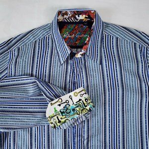 Robert Graham XL Shirt Blue Striped w Keys Cuff